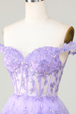 Princess A Line Purple Corset Tiered Short Homecoming Dress with Lace