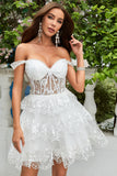 Princess A Line White Corset Tiered Short Homecoming Dress with Lace