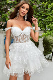Cute A Line Off the Shoulder Pink Corset Homecoming Dress with Lace