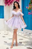 Cute A Line Lavender Off the Shoulder Corset Homecoming Dress with Ruffles