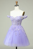 A Line Off the Shoulder Lilac Corset Homecoming Dress with Appliques