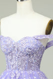 A Line Off the Shoulder Lilac Corset Homecoming Dress with Appliques