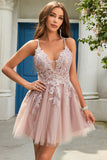 A Line Spaghetti Straps Blush Short Homecoming Dress with Criss Cross Back