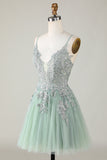 A Line Spaghetti Straps Dark Green Short Homecoming Dress with Appliques