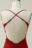 Sheath Spaghetti Straps Dark Red Short Homecoming Dress with Appliques