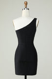 Sheath One Shoulder Black Short Homecoming Dress with Beading