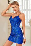 Sheath Spaghetti Straps Royal Blue Sequins Short Homecoming Dress with Criss Cross Back