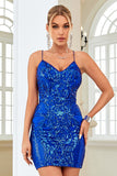 Sheath Spaghetti Straps Royal Blue Sequins Short Homecoming Dress with Criss Cross Back