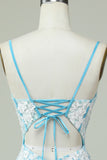 Sheath Spaghetti Straps Light Blue Short Homecoming Dress with Appliques