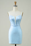 Stylish Sheath Spaghetti Straps Blue Short Homecoming Dress with Beading