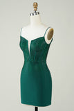 Sparkly Bodycon Spaghetti Straps Dark Green Short Homecoming Dress with Beading