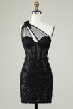 Bodycon One Shoulder Black Corset Homecoming Dress with Appliques