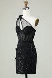 Bodycon One Shoulder Black Corset Homecoming Dress with Appliques