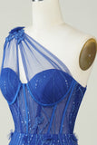 Unique Sheath One Shoulder Royal Blue Short Homecoming Dress with Appliques