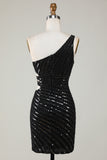 Sparkly Bodycon One Shoulder Black Sequins Short Homecoming Dress with Cut Out