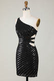 Sparkly Bodycon One Shoulder Black Sequins Short Homecoming Dress with Cut Out