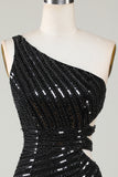 Sparkly Bodycon One Shoulder Black Sequins Short Homecoming Dress with Cut Out