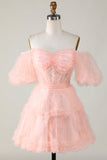 Cute A line Blush Tulle Off The Shoulder Short Homecoming Dress