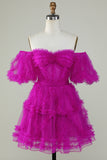 Stylish A Line Off the Shoulder Fuchsia Tulle Corset Homecoming Dress