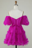 Hot Pink Off the Shoulder Tulle Homecoming Dress