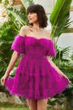 Stylish A Line Off the Shoulder Fuchsia Corset Homecoming Dress with Sleeves