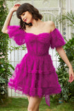 Stylish A Line Off the Shoulder Fuchsia Corset Homecoming Dress with Sleeves