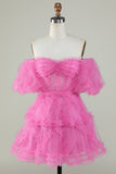 Stylish A Line Off the Shoulder Fuchsia Corset Homecoming Dress with Sleeves
