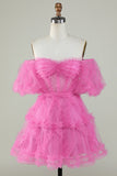 Stylish A Line Off the Shoulder Fuchsia Tulle Corset Homecoming Dress