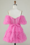 Stylish A Line Off the Shoulder Fuchsia Tulle Corset Homecoming Dress