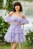 Stylish A Line Off the Shoulder Purple Tulle Corset Homecoming Dress