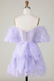 Stylish A Line Off the Shoulder Purple Tulle Corset Homecoming Dress