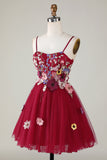 Gorgeous A Line Spaghetti Straps Burgundy Short Homecoming Dress with 3D Flowers
