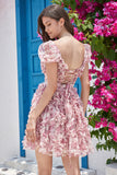 Cute A Line Floral Dusty Rose Homecoming Dress with Ruffles