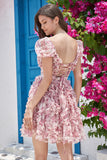 A Line Purple Square Neck Printed Homecoming Dress with Ruffles