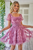 Cute A Line Floral Dusty Rose Homecoming Dress with Ruffles