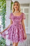 Cute A Line Floral Ivory Red Flower Homecoming Dress with Ruffles