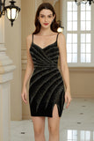 Sparkly Sheath Spaghetti Straps Black Short Beaded Homecoming Dress with Slit