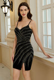 Sparkly Sheath Spaghetti Straps Black Short Beaded Homecoming Dress with Slit