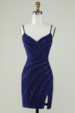 Sparkly Sheath Spaghetti Straps Royal Blue Short Homecoming Dress with Beading