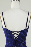 Sparkly Sheath Spaghetti Straps Royal Blue Short Homecoming Dress with Beading