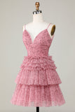 Cute A Line Spaghetti Straps Blush Homecoming Dress with Ruffles