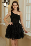 Stylish A Line One Shoulder Black Short Homecoming Dress with Appliques