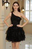 Stylish A Line One Shoulder Black Short Homecoming Dress with Appliques