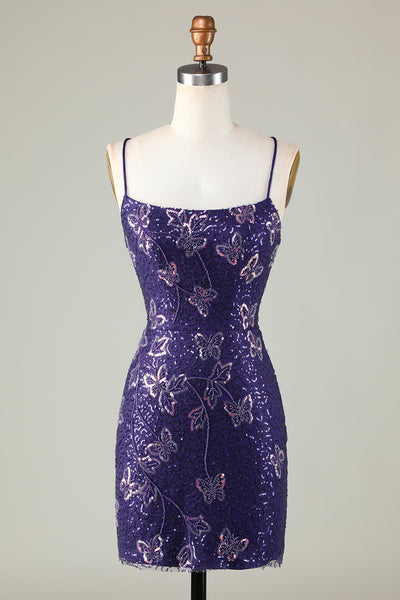 Zapaka Women Dark Purple Short Homecoming Dress Sparkly Sheath Spaghetti Straps Cocktail Dress with Criss Cross Back, Dark Purple / US4