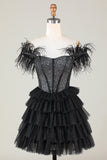 Sparkly Beaded Corset A-Line Black Short Homecoming Dress with Feathers