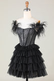 Sparkly Beaded Corset A-Line Black Short Homecoming Dress with Feathers