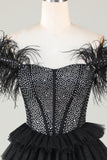 Sparkly Beaded Corset A-Line Black Short Homecoming Dress with Feathers