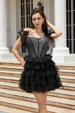 Sparkly Beaded Corset A-Line Black Short Homecoming Dress with Feathers