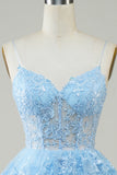 Gorgeous A Line Spaghetti Straps Blue Sparkly Corset Homecoming Dress