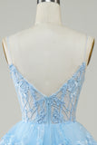 Gorgeous A Line Spaghetti Straps Blue Sparkly Corset Homecoming Dress